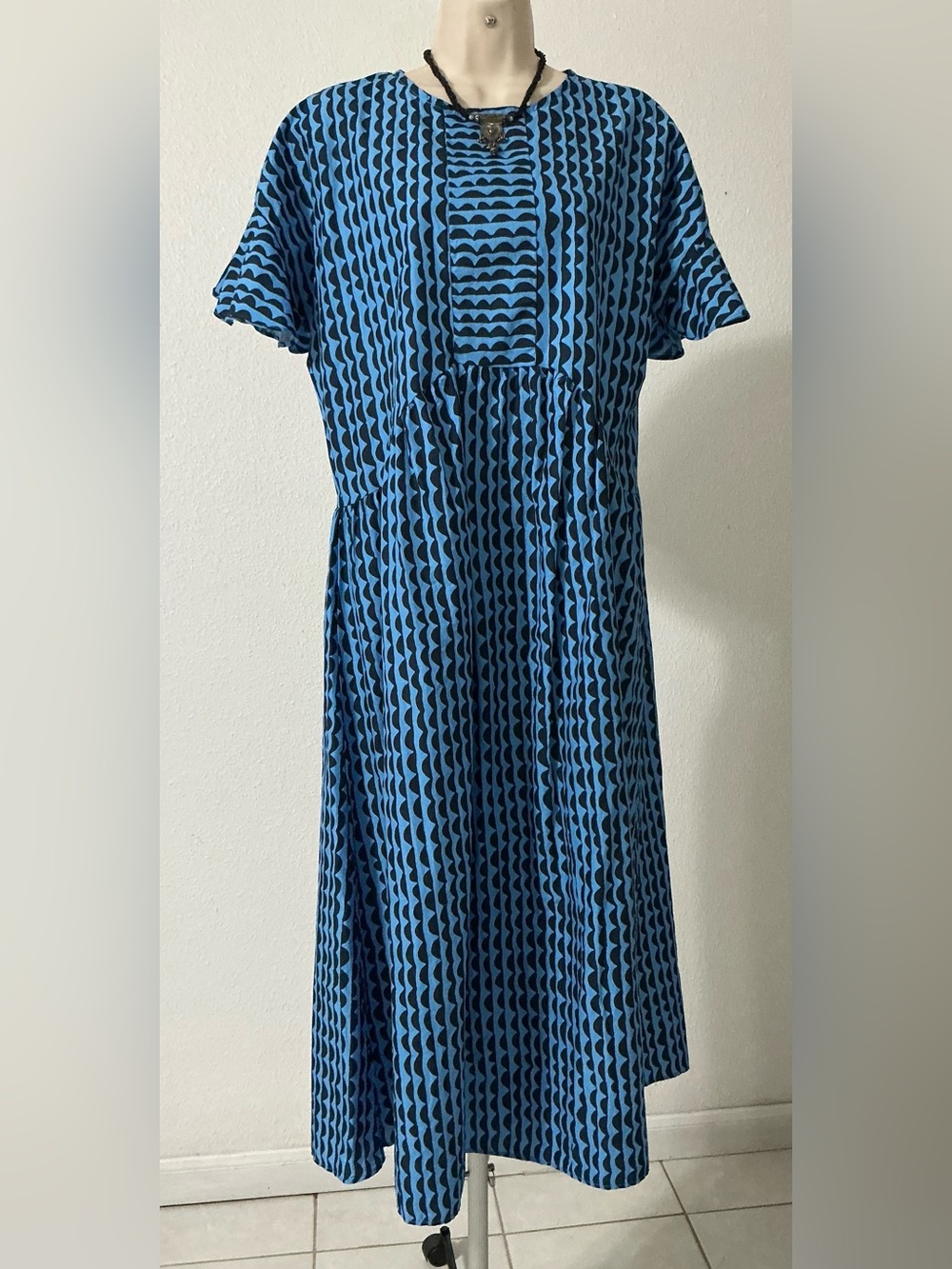 NWOT Joolee Blue Geometric Cotton Midi Dress Size S/M Boho Cottagecore